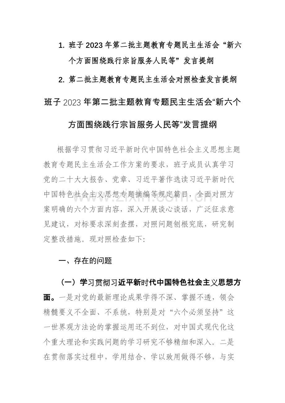 班子2023年第二批主题教育专题“新六个方面围绕践行宗旨服务人民等”发言提纲范文.docx_第1页