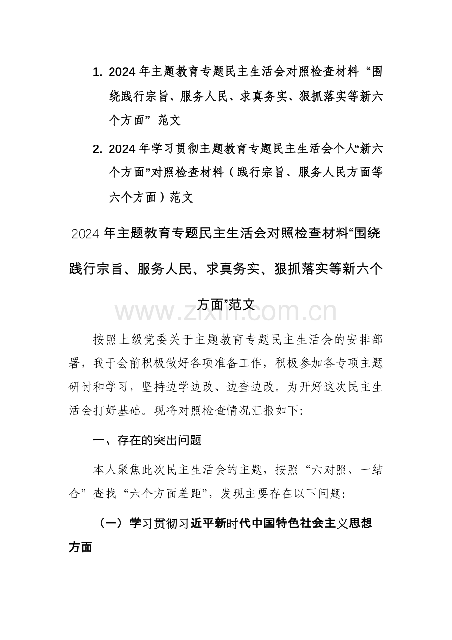 两篇：2024年学习贯彻主题教育专题个人“新六个方面”对照检查材料（践行宗旨、服务人民方面等六个方面）范文.docx_第1页