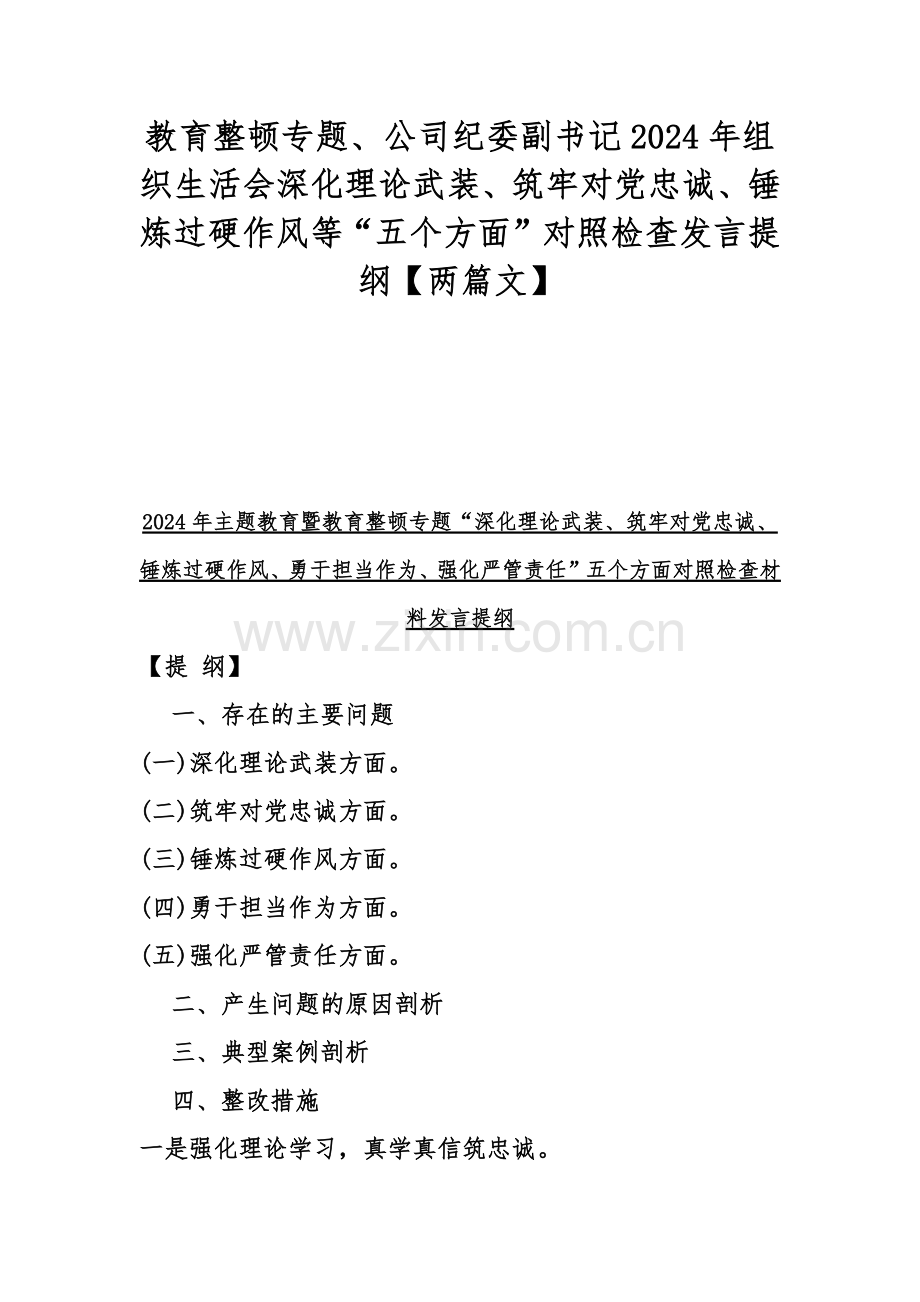 教育整顿专题、公司纪委副书记2024年组织生活会深化理论武装、筑牢对党忠诚、锤炼过硬作风等“五个方面”对照检查发言提纲【两篇文】.docx_第1页