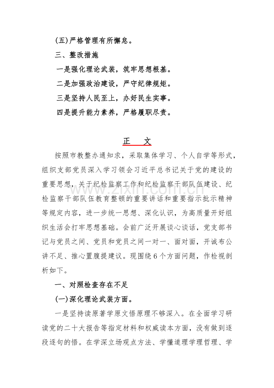 2024年党支部书记、纪检监察干部围绕“深化理论武装、筑牢对党忠诚、强化严管责任、勇于担当作为”等“五个方面”教育整顿专题生活会对照检查材料2篇文.docx_第2页