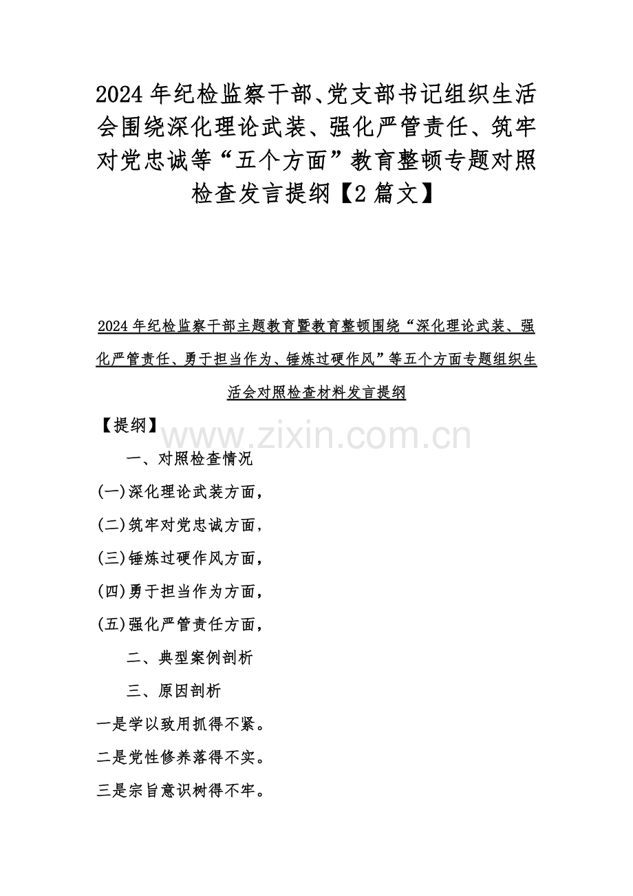 2024年纪检监察干部、党支部书记组织生活会围绕深化理论武装、强化严管责任、筑牢对党忠诚等“五个方面”教育整顿专题对照检查发言提纲【2篇文】.docx_第1页