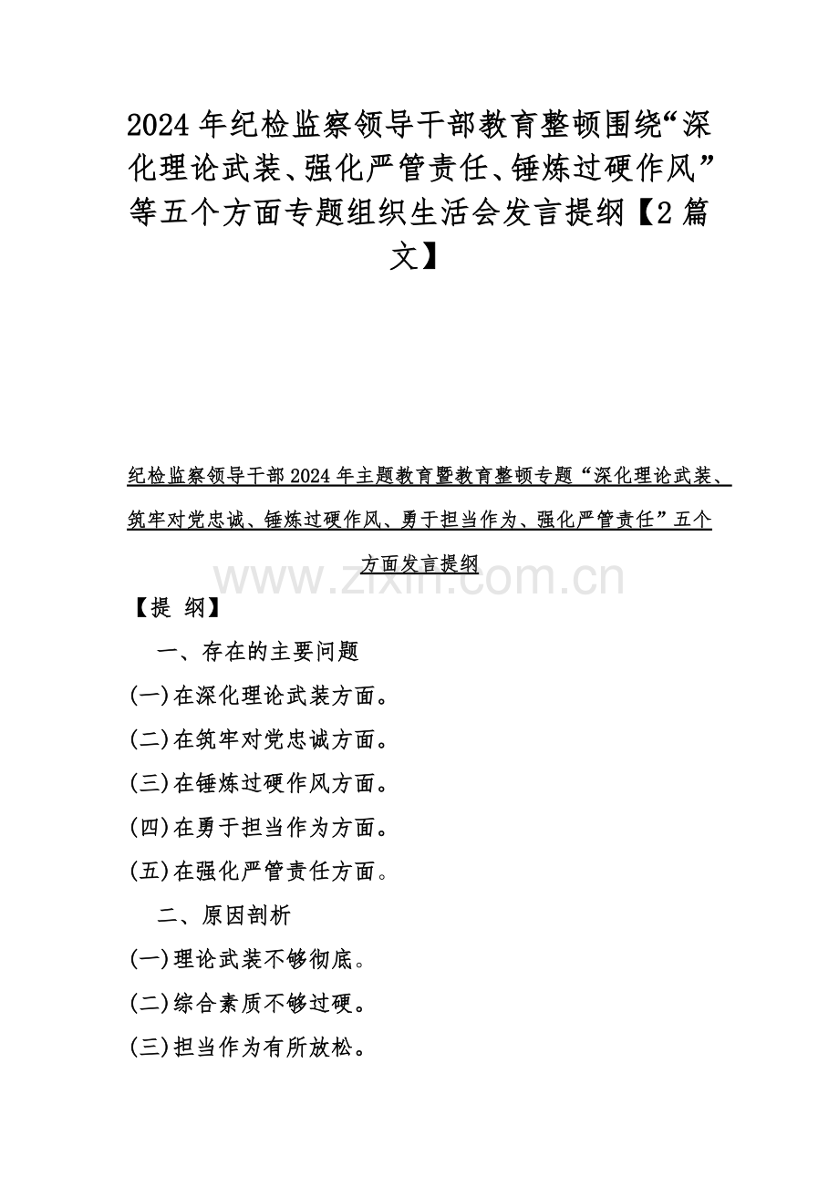 2024年纪检监察领导干部教育整顿围绕“深化理论武装、强化严管责任、锤炼过硬作风”等五个方面专题组织生活会发言提纲【2篇文】.docx_第1页