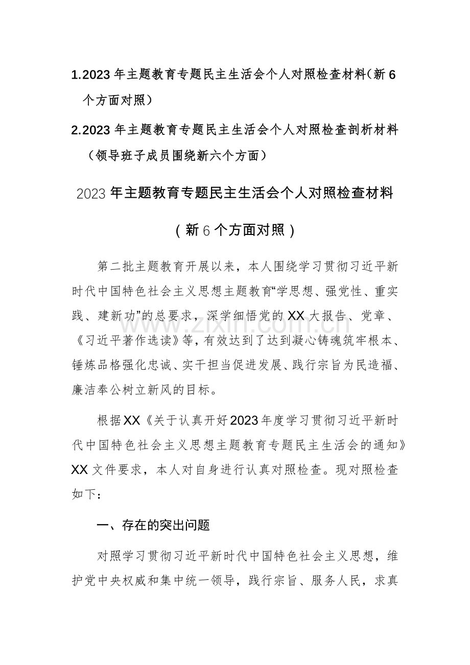 两篇2023年主题教育专题个人对照检查剖析材料（践行宗旨、服务人民、求真务实、狠抓落实等新六个方面）.docx_第1页