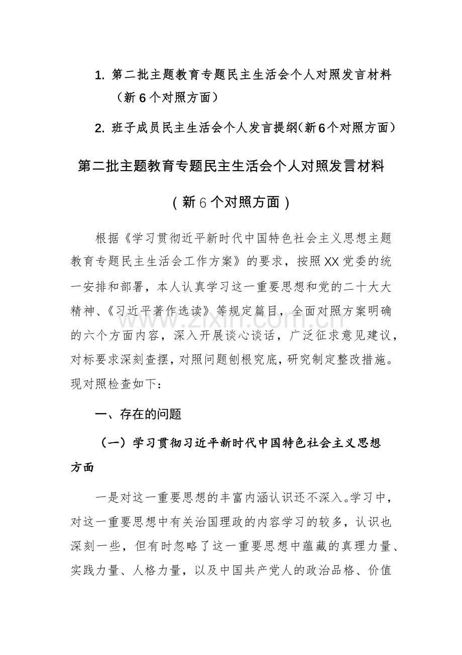 2024年班子成员个人发言提纲（新6个对照方面）范文2篇.docx_第1页