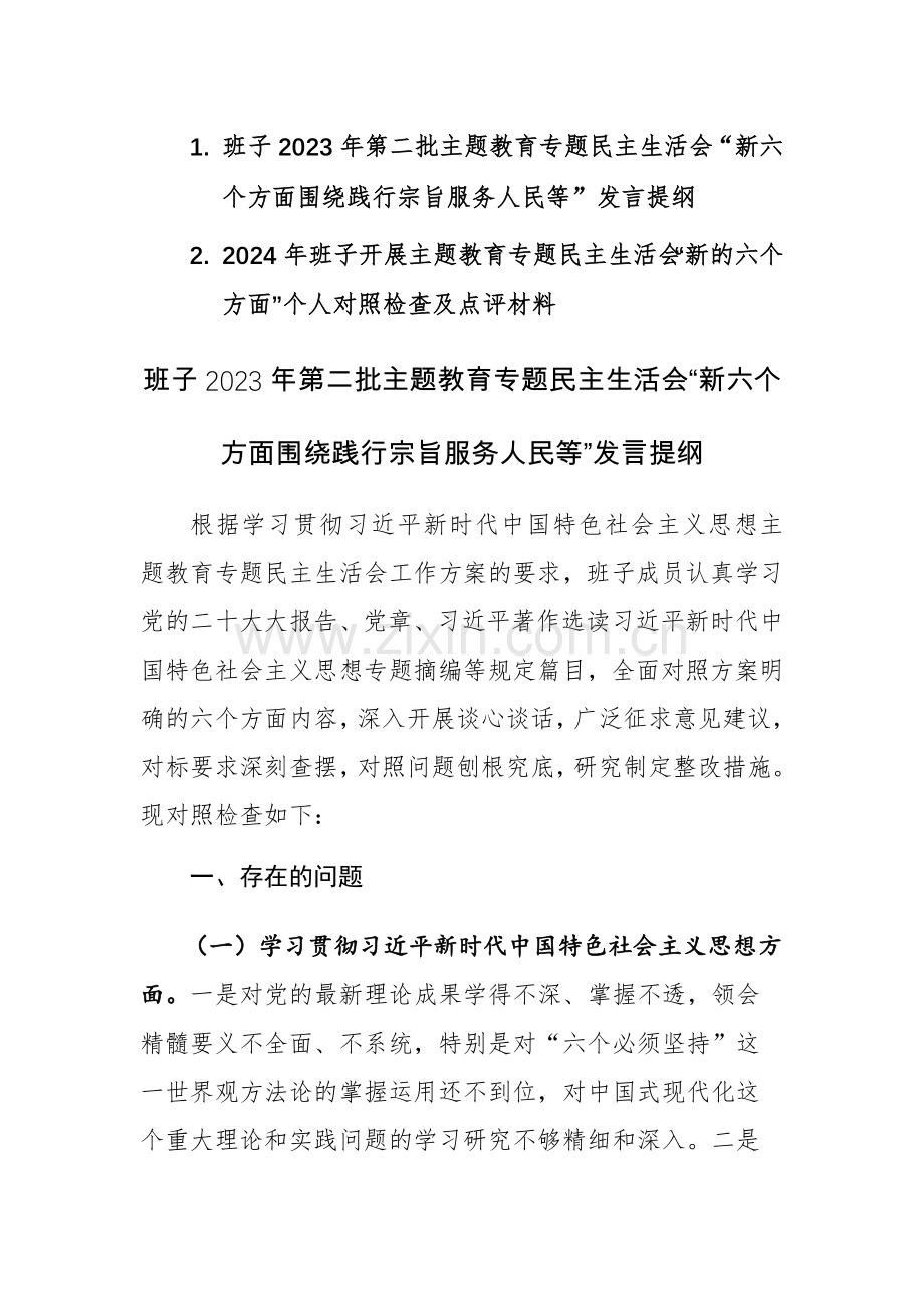 两篇：班子2023年第二批主题教育专题“新六个方面围绕践行宗旨服务人民等”对照检查相互点评发言提纲范文.docx_第1页