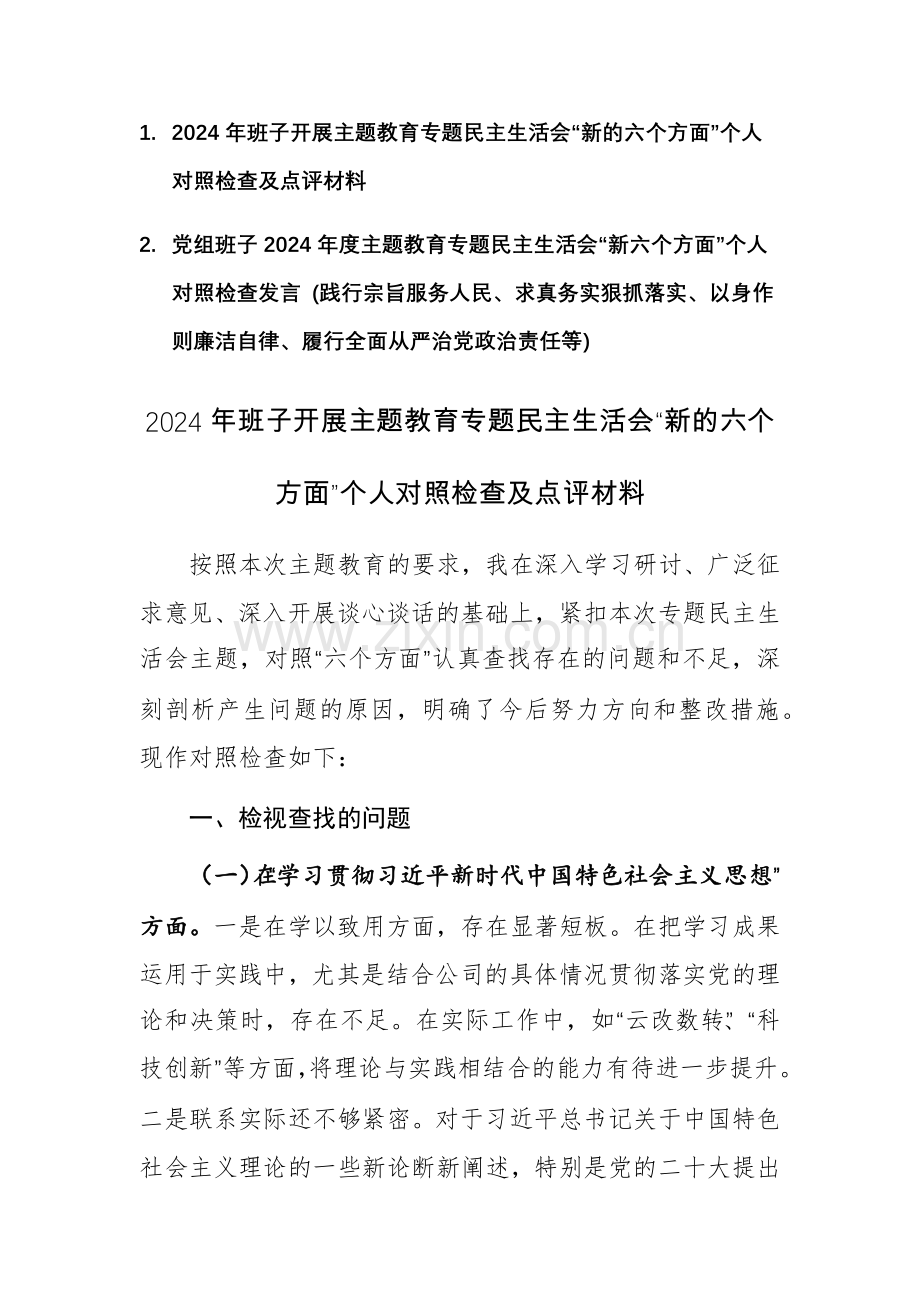 两篇：党组班子2024年度主题教育专题“新六个方面”对照检查及相互点评意见发言 (践行宗旨服务人民、求真务实狠抓落实、以身作则廉洁自律等).docx_第1页