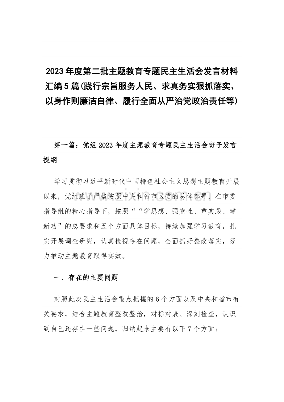 2023年度第二批主题教育专题会发言材料汇编5篇(践行宗旨服务人民、求真务实狠抓落实、以身作则廉洁自律、履行全面从严治党政治责任等).docx_第1页