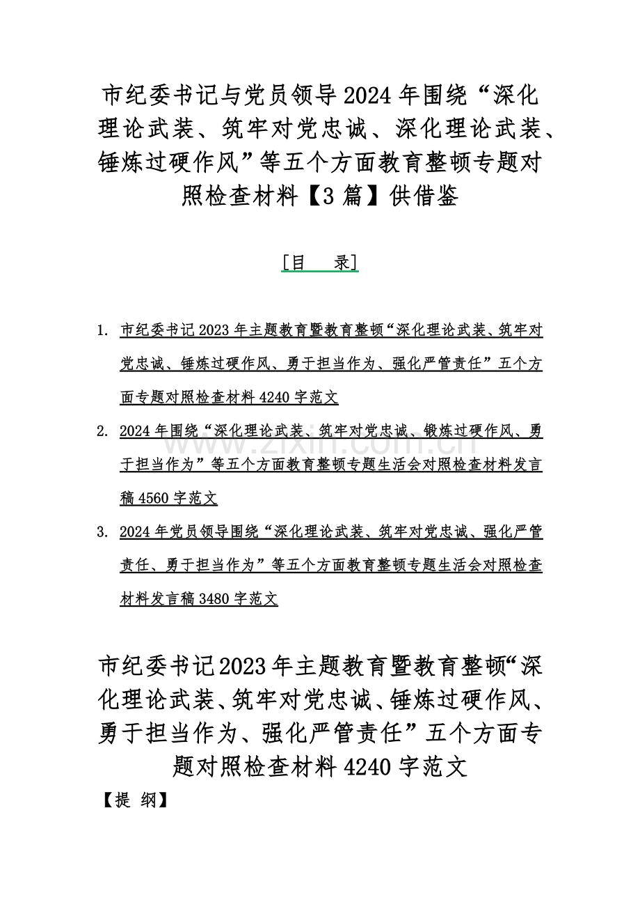 市纪委书记与党员领导2024年围绕“深化理论武装、筑牢对党忠诚、深化理论武装、锤炼过硬作风”等五个方面教育整顿专题对照检查材料【3篇】供借鉴.docx_第1页