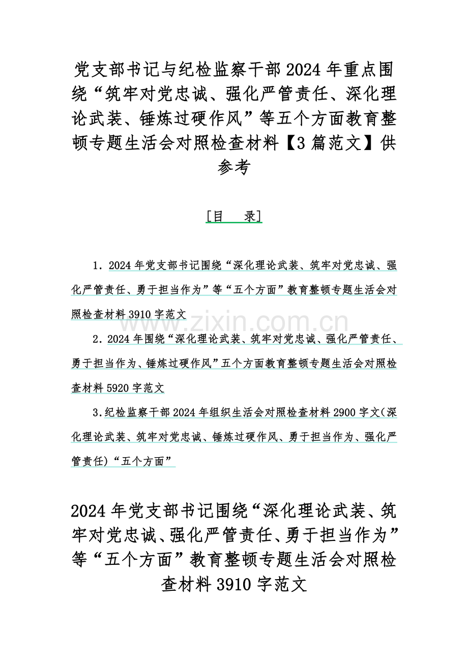 党支部书记与纪检监察干部2024年重点围绕“筑牢对党忠诚、强化严管责任、深化理论武装、锤炼过硬作风”等五个方面教育整顿专题生活会对照检查材料【3篇范文】供参考.docx_第1页