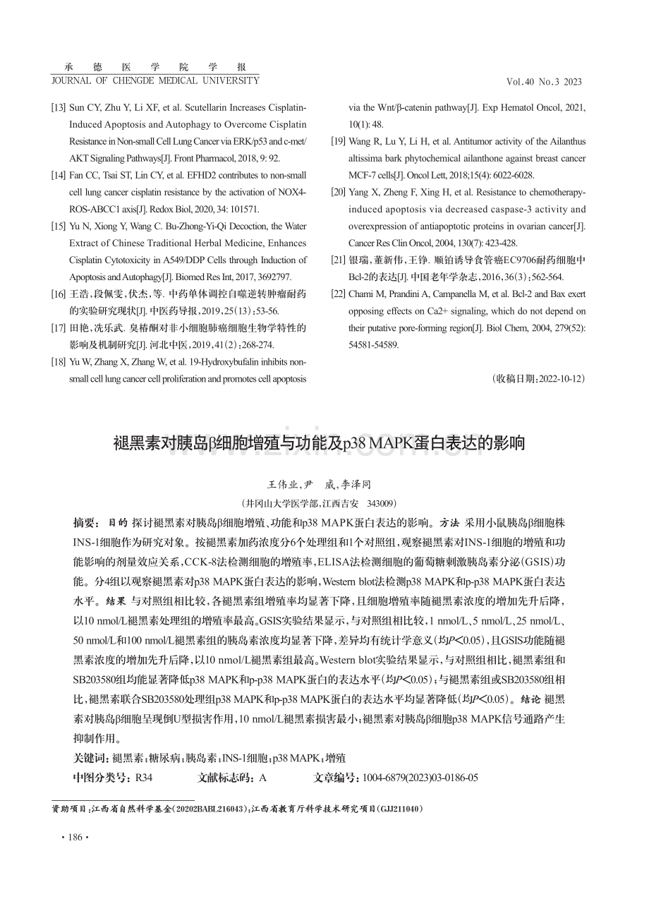 褪黑素对胰岛β细胞增殖与功能及p38 MAPK蛋白表达的影响 (1).pdf_第1页