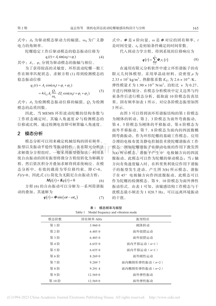 微机电固态波动陀螺敏感结构设计与分析_寇志伟.pdf_第3页