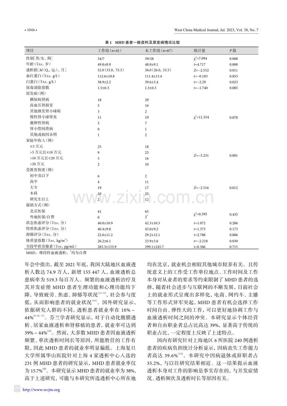 维持性血液透析患者就业状况的多中心调查及影响因素分析_张兰.pdf_第3页