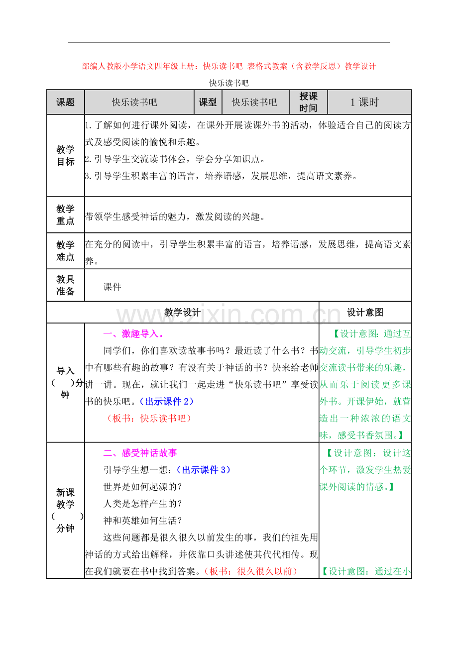 部编人教版小学语文四年级上册：快乐读书吧-表格式教案(含教学反思)教学设计.docx_第1页