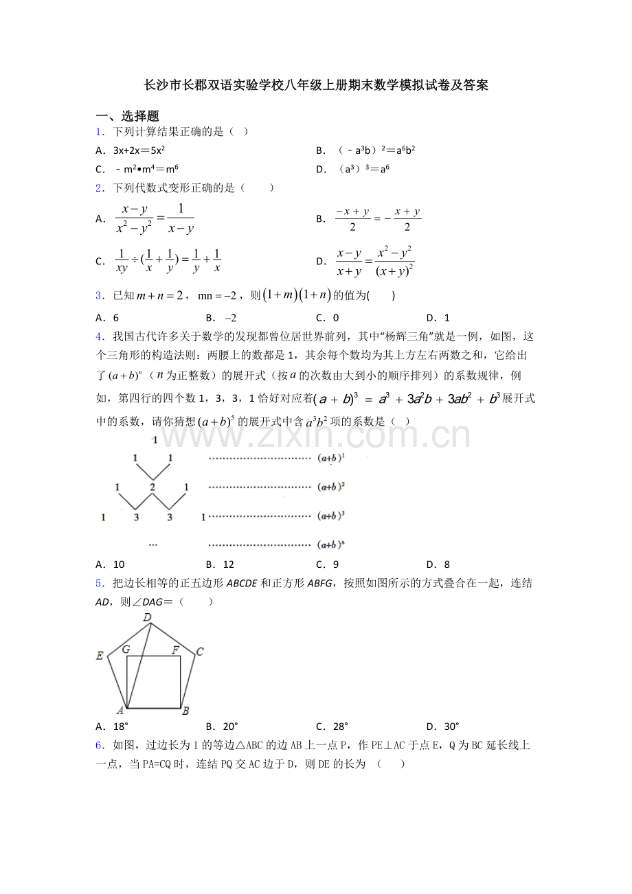 长沙市长郡双语实验学校八年级上册期末数学模拟试卷及答案.doc_第1页