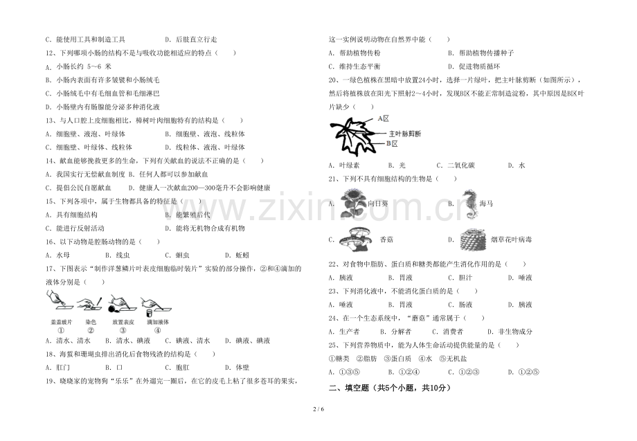 新人教版七年级上册《生物》期末考试卷及完整答案.doc_第2页