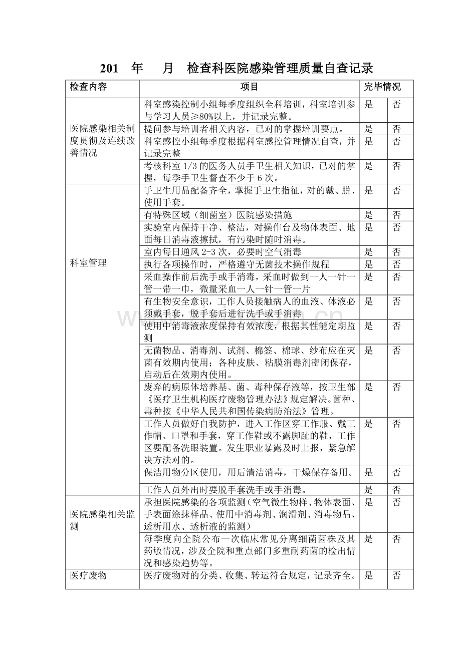 检验科感染管理质量自查表.doc_第1页