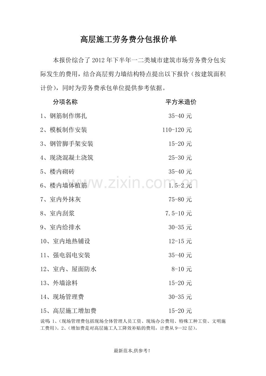 高层施工劳务费分包报价单.doc_第1页