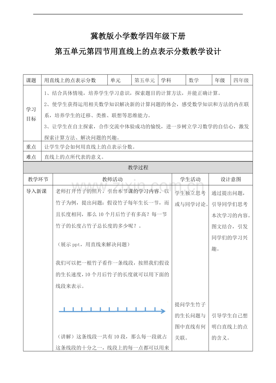 冀教版小学数学四年级下册用直线上的点表示分数(教案).doc_第1页