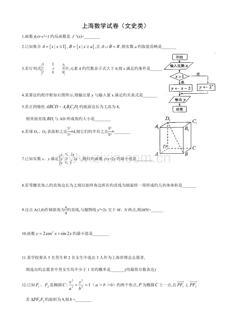 普通高等学校招生统一考试数学试题及答案上海卷.doc_第1页