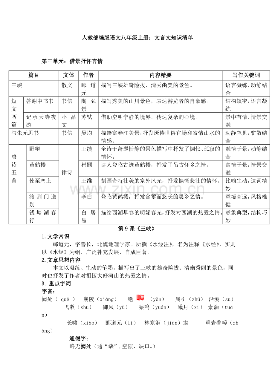 【语文】人教部编版语文八年级上册：文言文知识清单.doc_第1页