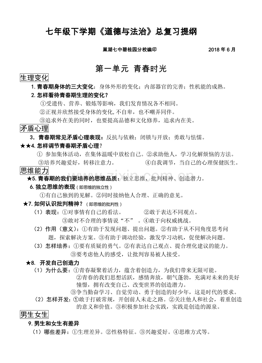 部编人教版七年级下册道德与法治：总复习提纲(1).docx_第1页