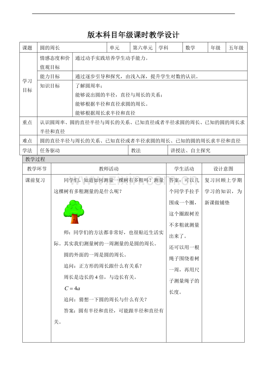 【数学】苏教版数学-五年级下册圆的周长-教学设计.doc_第1页