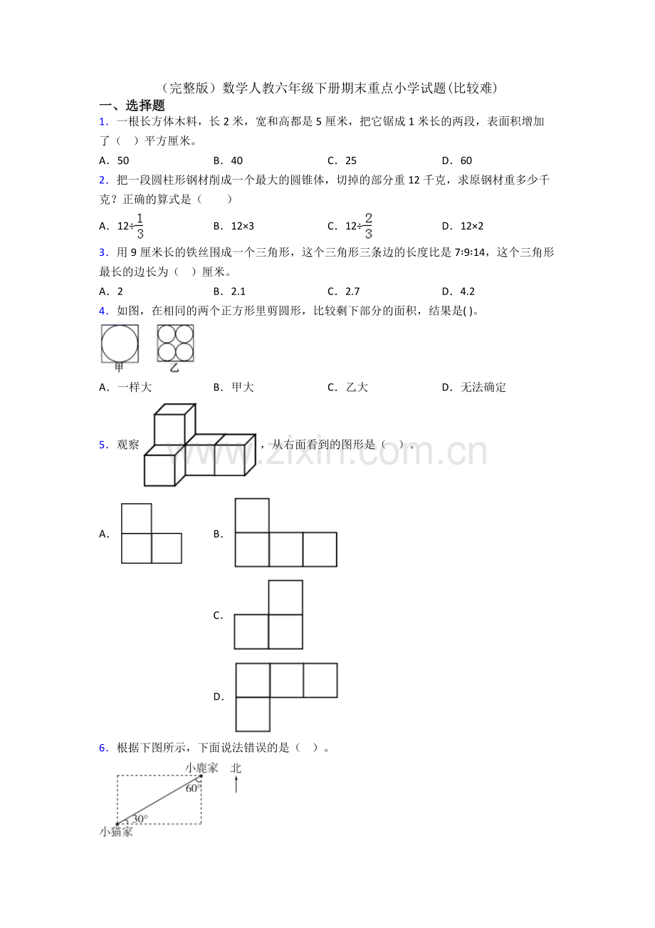 数学人教六年级下册期末重点小学试题(比较难).doc_第1页