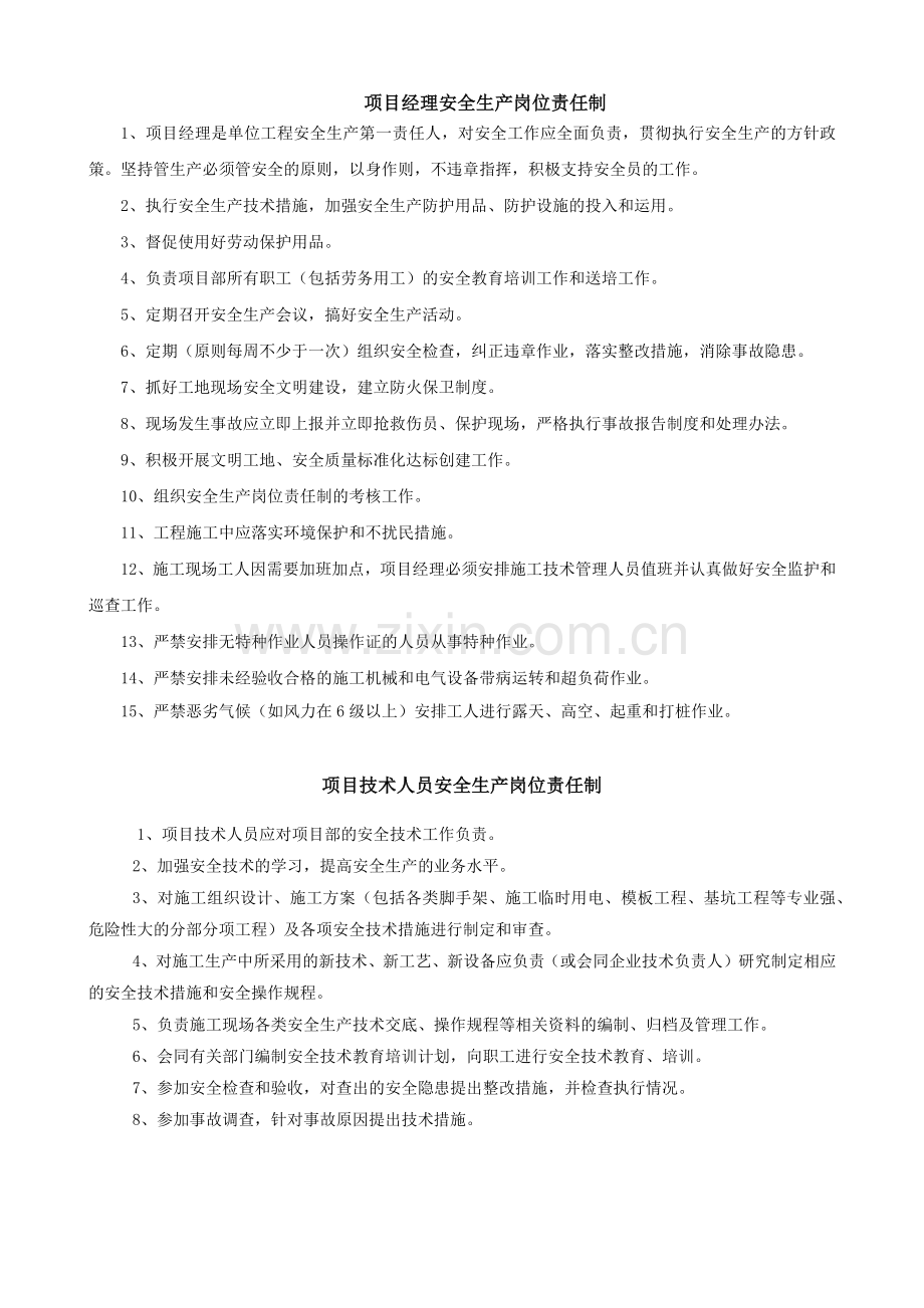 项目工程各岗位安全生产岗位责任制.docx_第1页