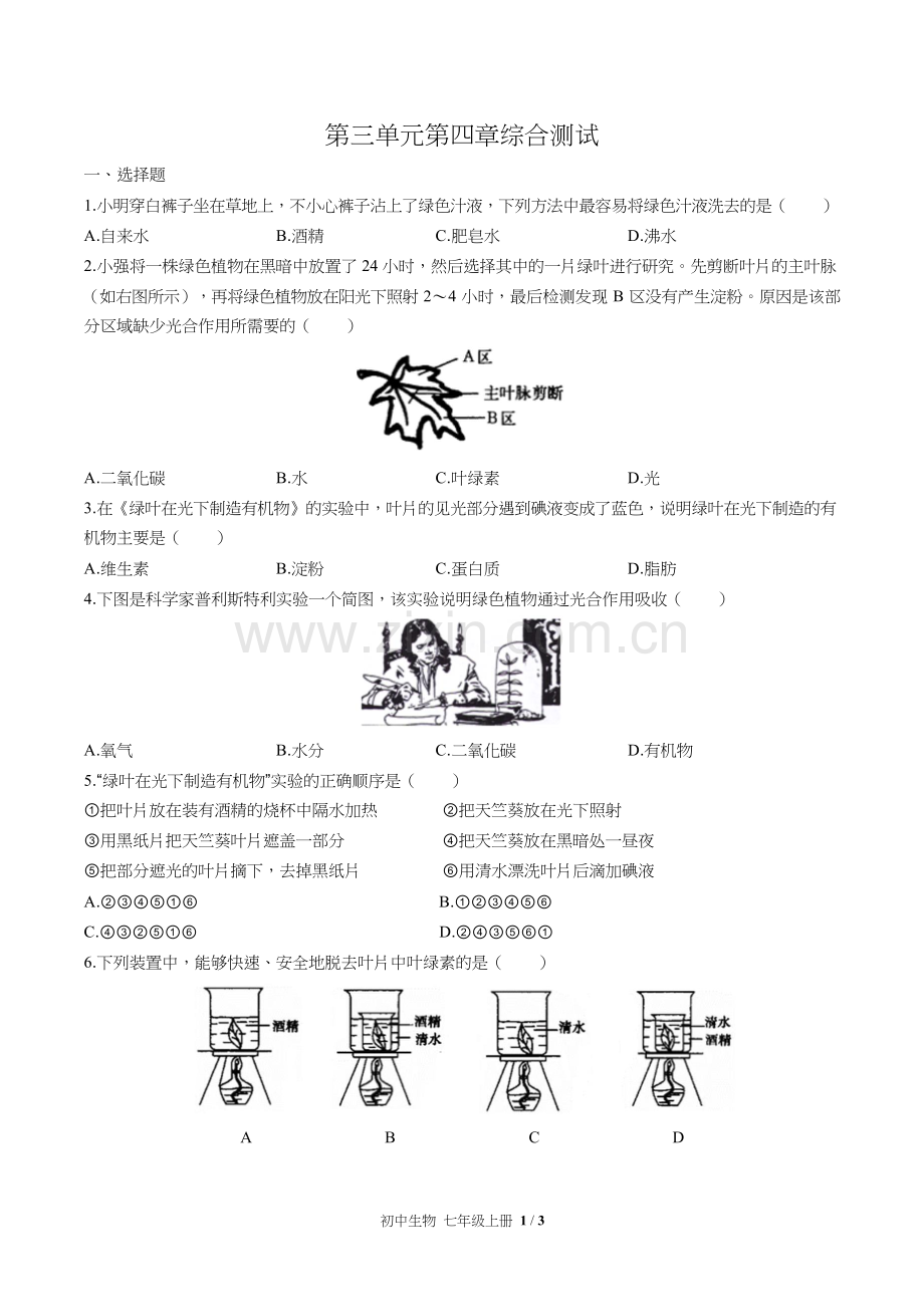 人教版初中生物七年级上册第三单元第四章综合测试试卷含答-案答案在前.docx_第2页