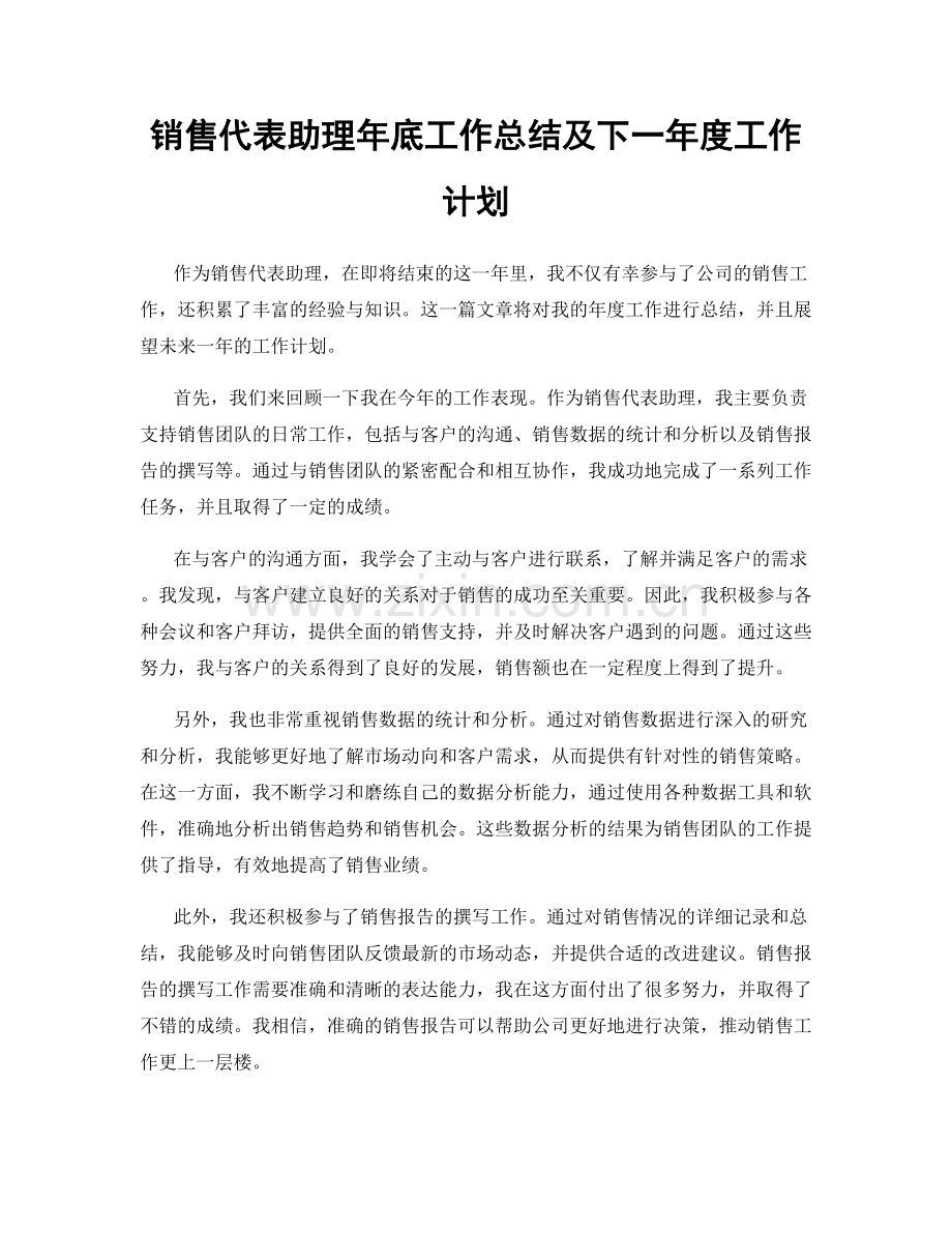 销售代表助理年底工作总结及下一年度工作计划.docx_第1页