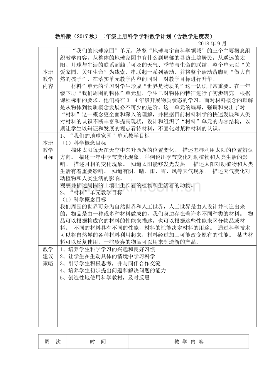 教科版科学二年级上册科教学计划(含教学进度表).doc_第1页