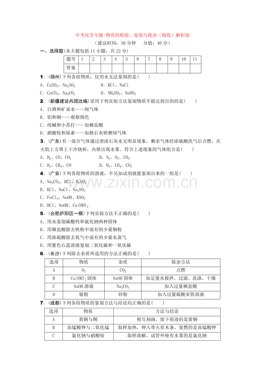 中考化学专题-物质的检验、鉴别与除杂(精练)解析版.doc_第1页