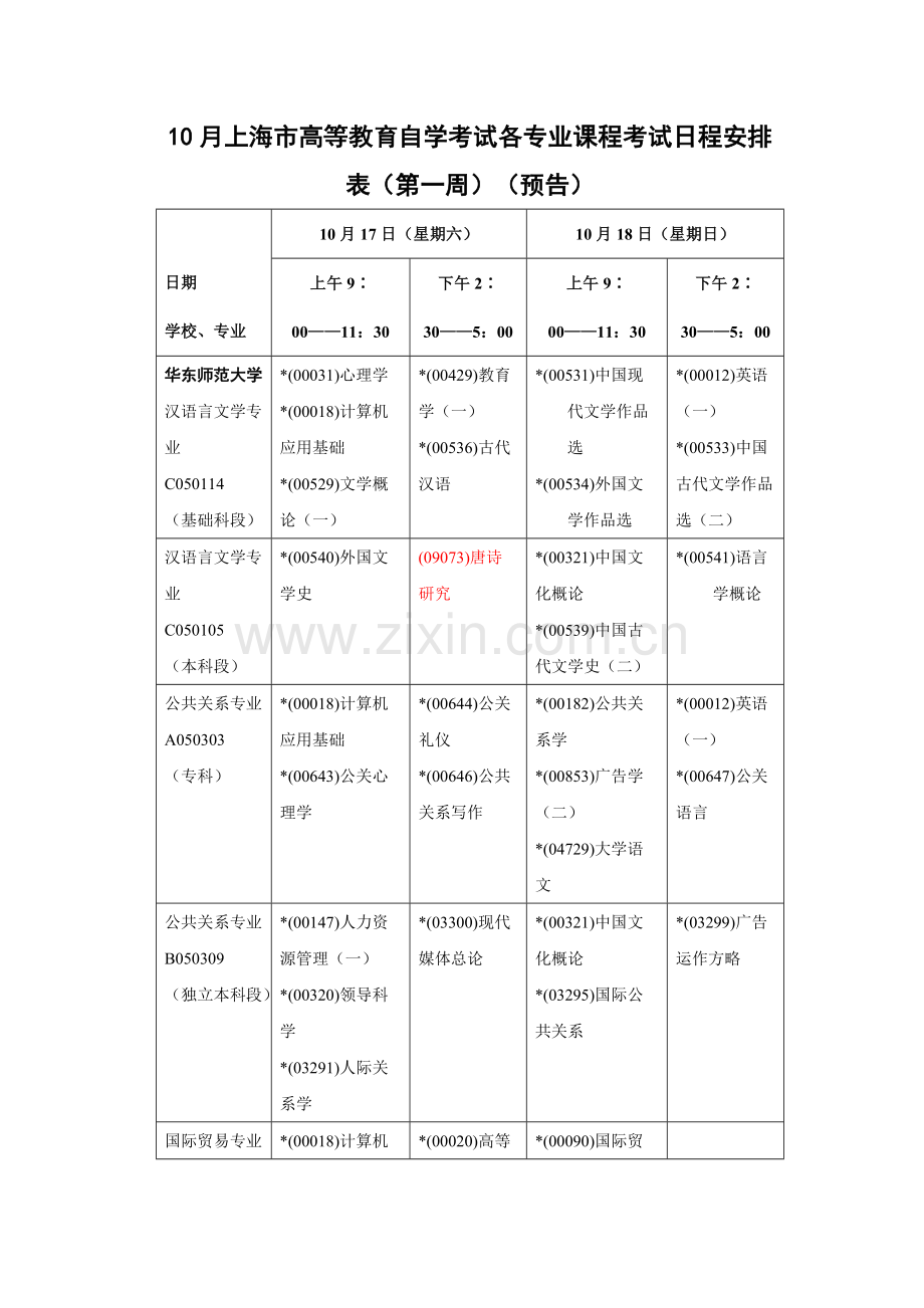 2023年上海市高等教育自学考试各专业课程考试日程安.doc_第1页