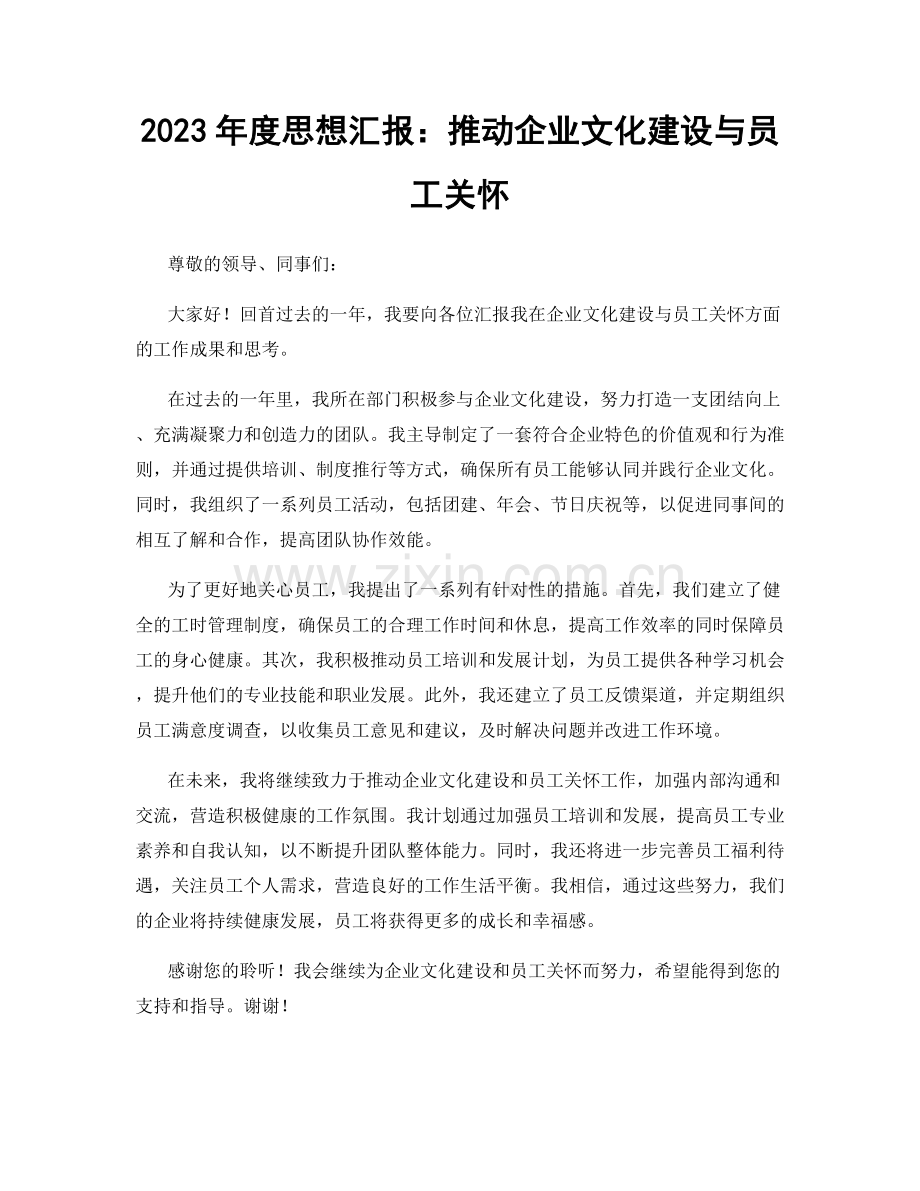 2023年度思想汇报：推动企业文化建设与员工关怀.docx_第1页