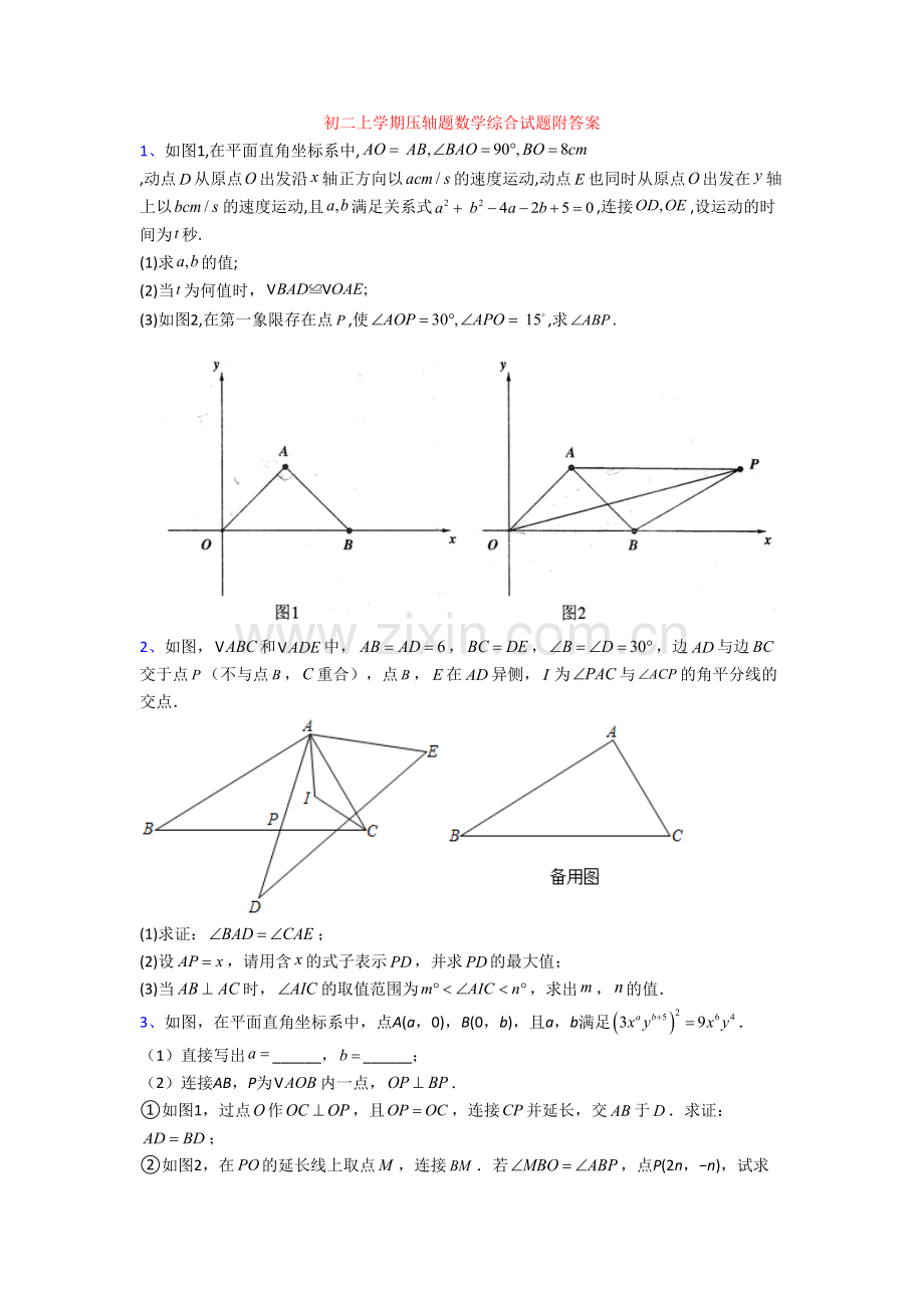 初二上学期压轴题数学综合试题附答案.doc_第1页