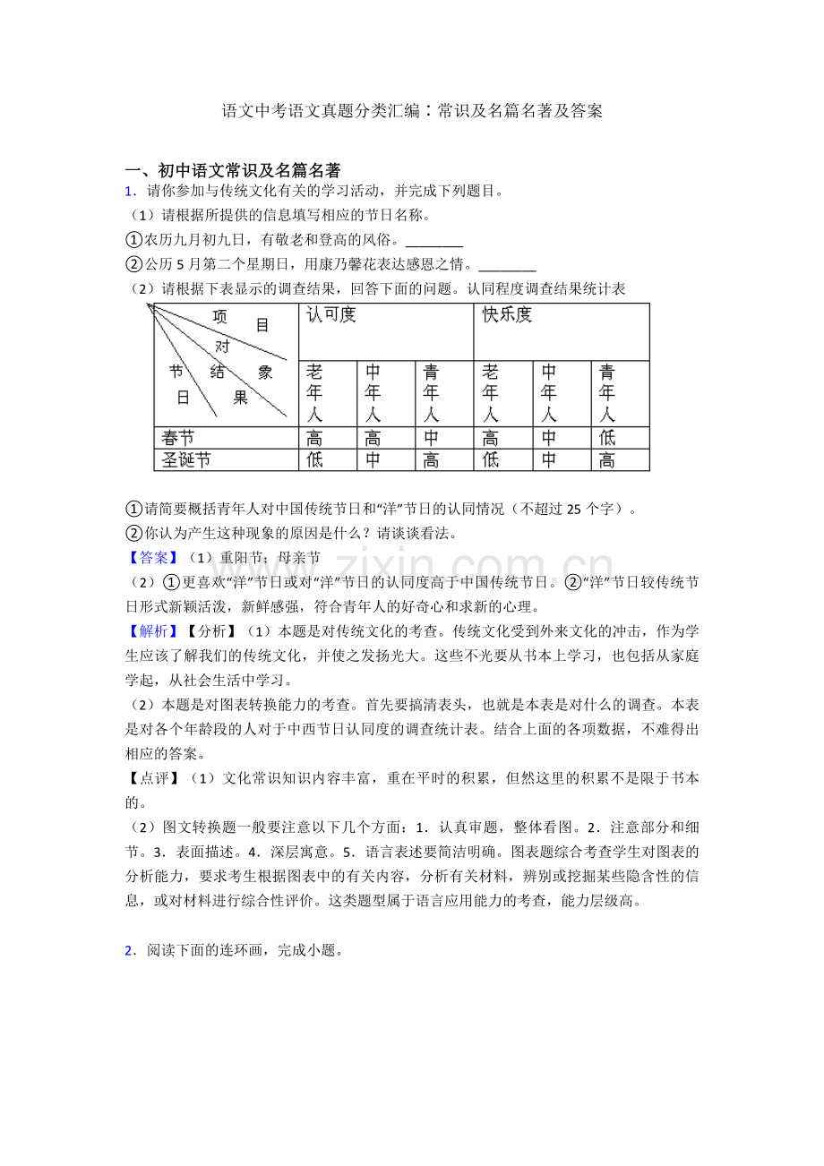 2020-2021语文中考语文真题分类汇编∶常识及名篇名著及答案.doc_第1页