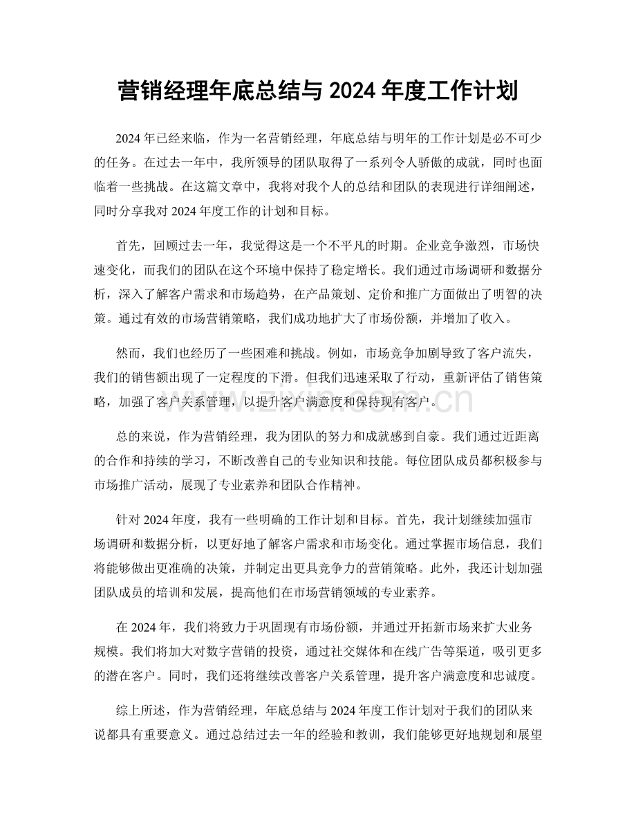 营销经理年底总结与2024年度工作计划.docx_第1页