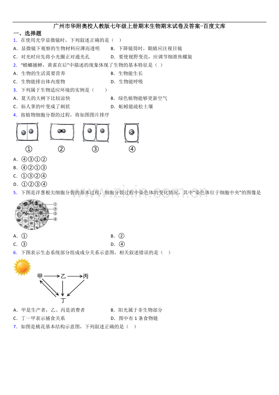 广州市华附奥校人教版七年级上册期末生物期末试卷及答案.doc_第1页