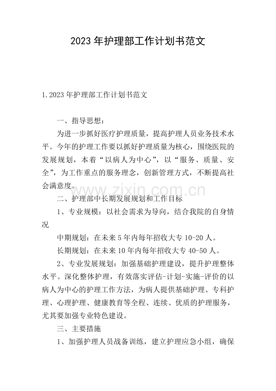 2023年护理部工作计划书范文.doc_第1页