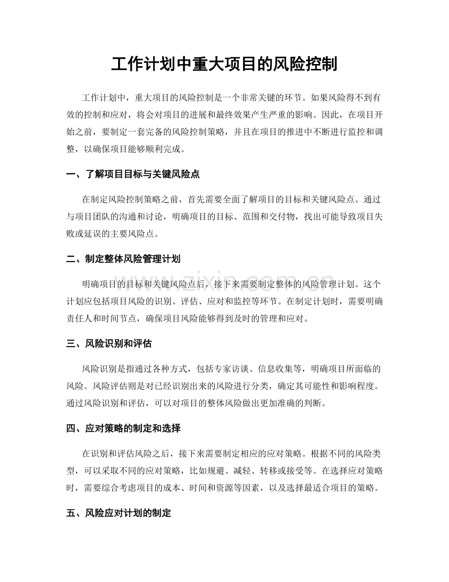 工作计划中重大项目的风险控制.docx_第1页