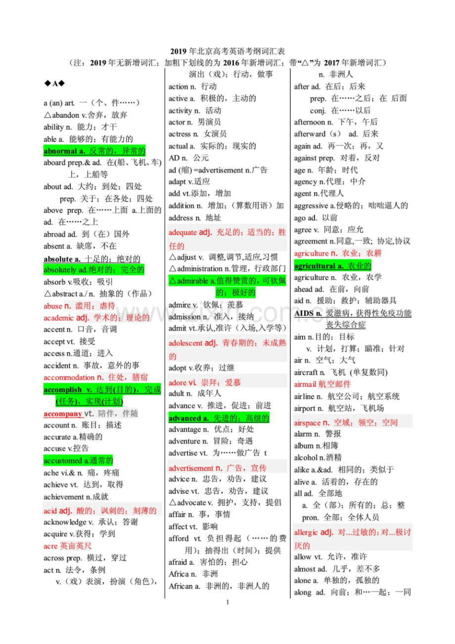 2019年北京高考英语考纲词汇表.pdf_第1页