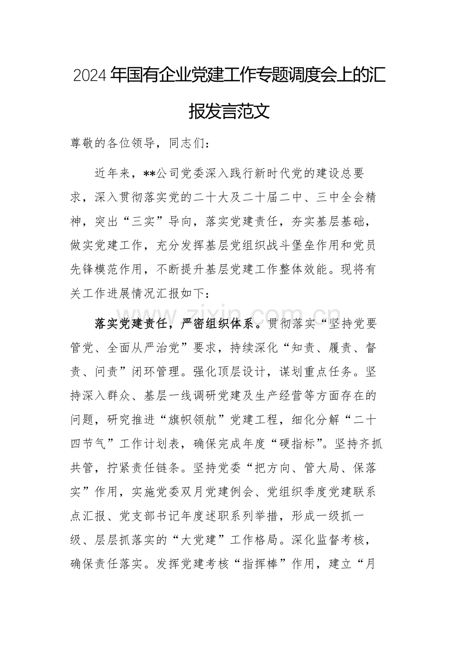 2024年国有企业党建工作专题调度会上的汇报发言范文.docx_第1页