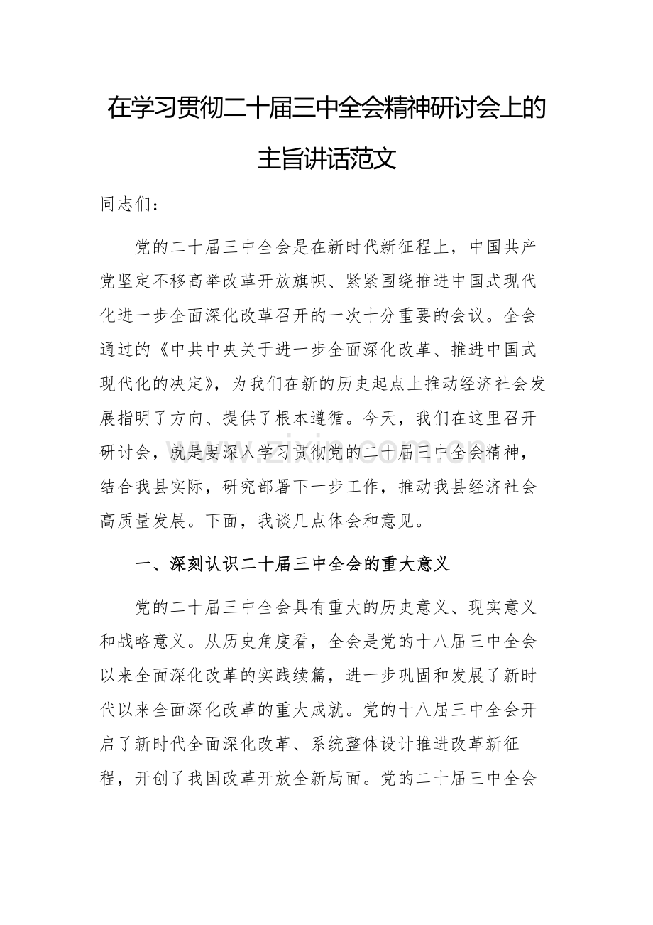 在学习贯彻二十届三中全会精神研讨会上的主旨讲话范文.docx_第1页