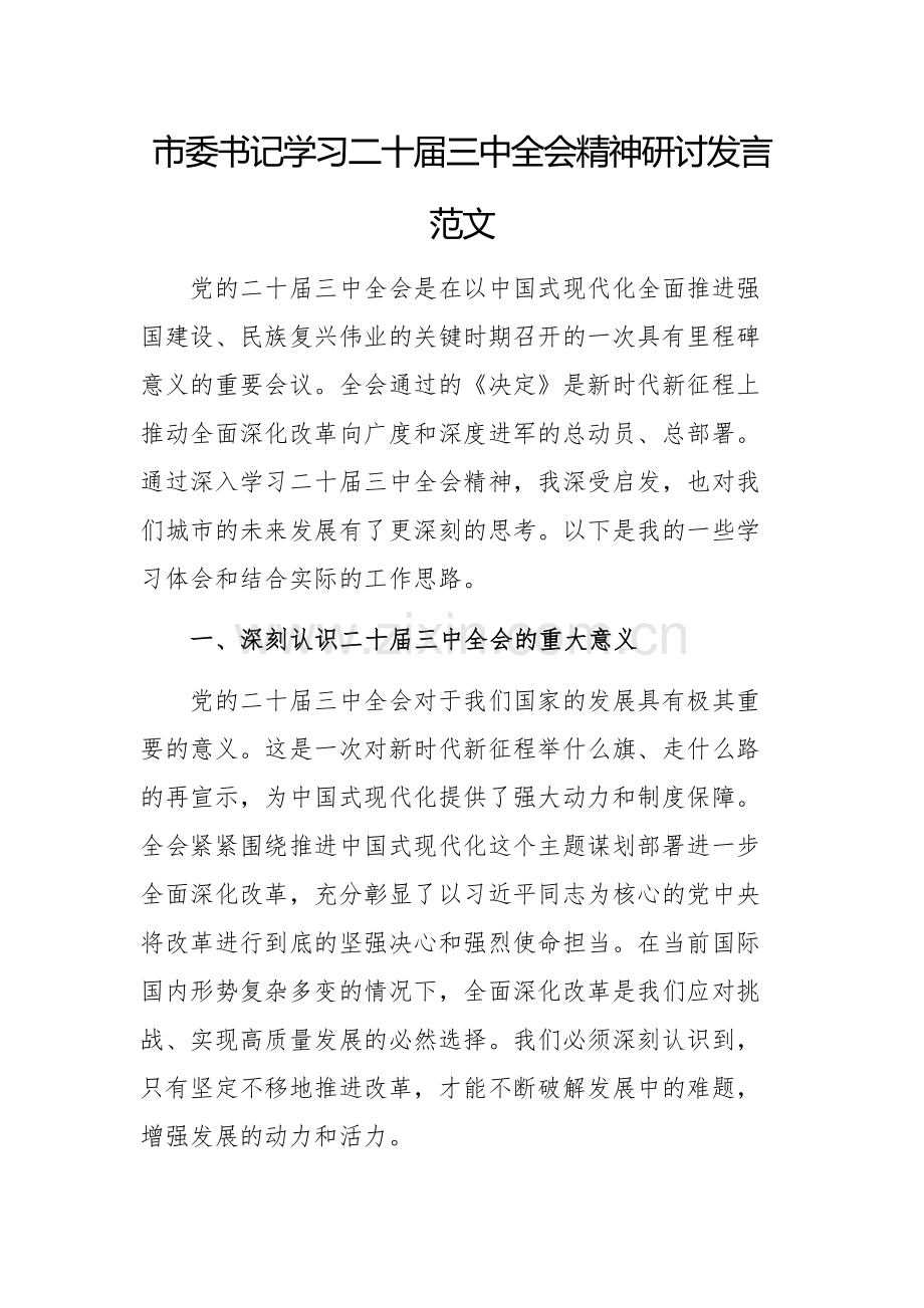 书记学习二十届三中全会精神研讨发言范文.docx_第1页