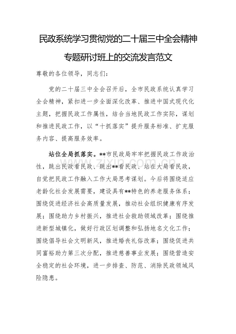 民政系统学习贯彻党的二十届三中全会精神专题研讨班上的交流发言范文.docx_第1页