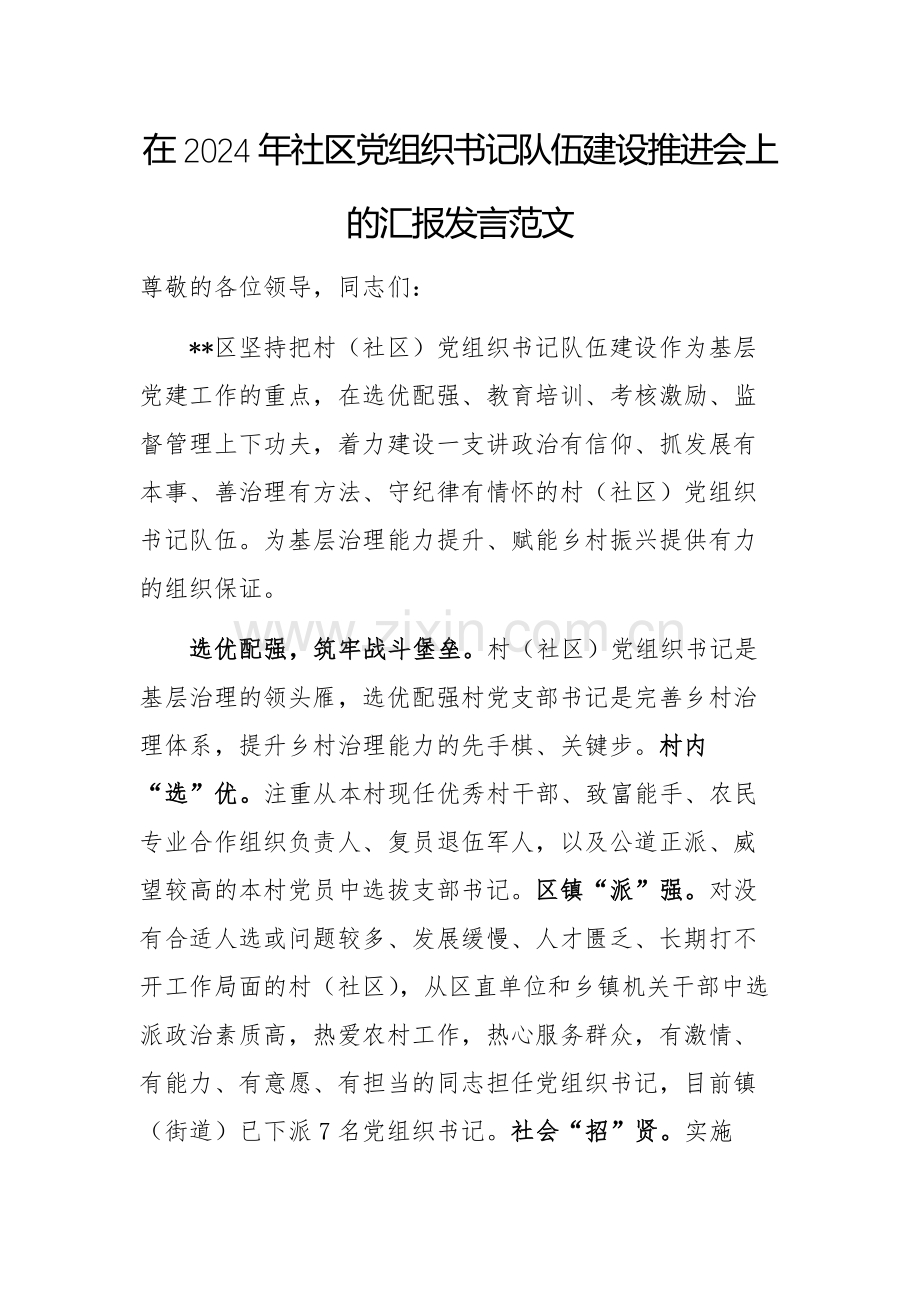 在2024年社区党组织书记队伍建设推进会上的汇报发言范文.docx_第1页