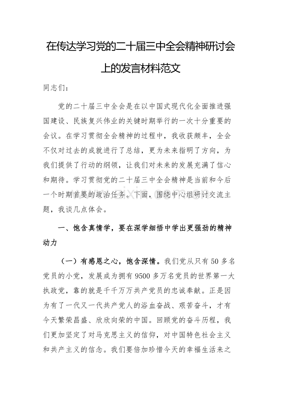 在传达学习党的二十届三中全会精神研讨会上的发言材料范文.docx_第1页