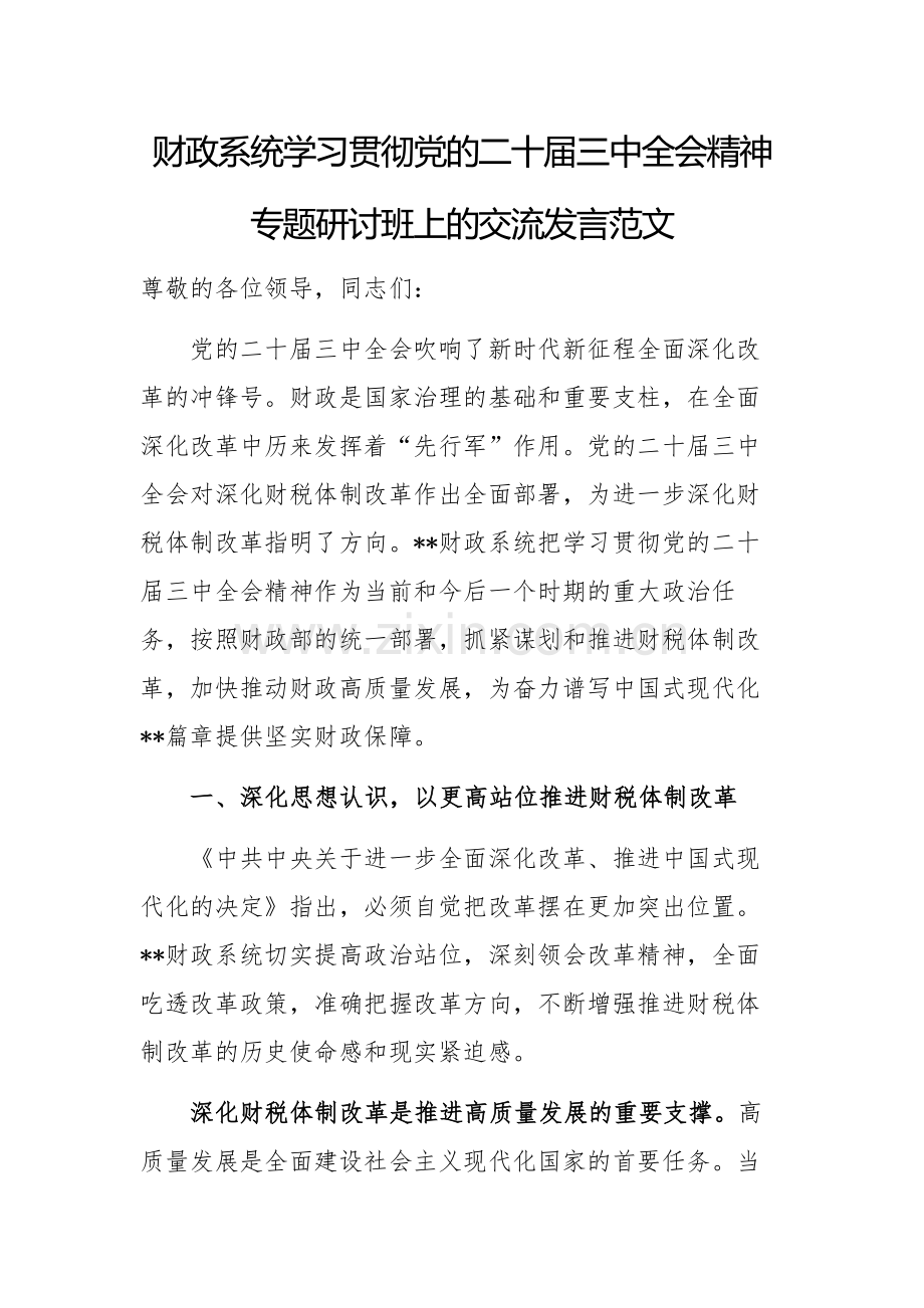 财政系统学习贯彻党的二十届三中全会精神专题研讨班上的交流发言范文.docx_第1页