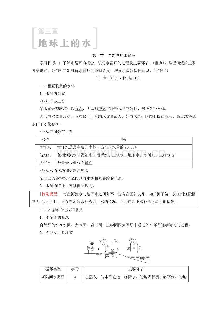 2019课标版高中地理必修一同步学案：第3章-地球上的水-第1节-自然界的水循环-Word版含答案.doc_第1页