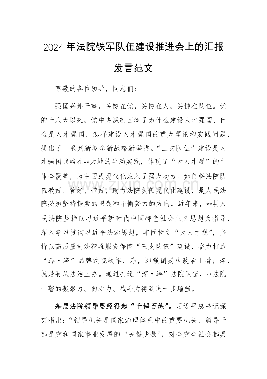 2024年法院铁军队伍建设推进会上的汇报发言范文.docx_第1页